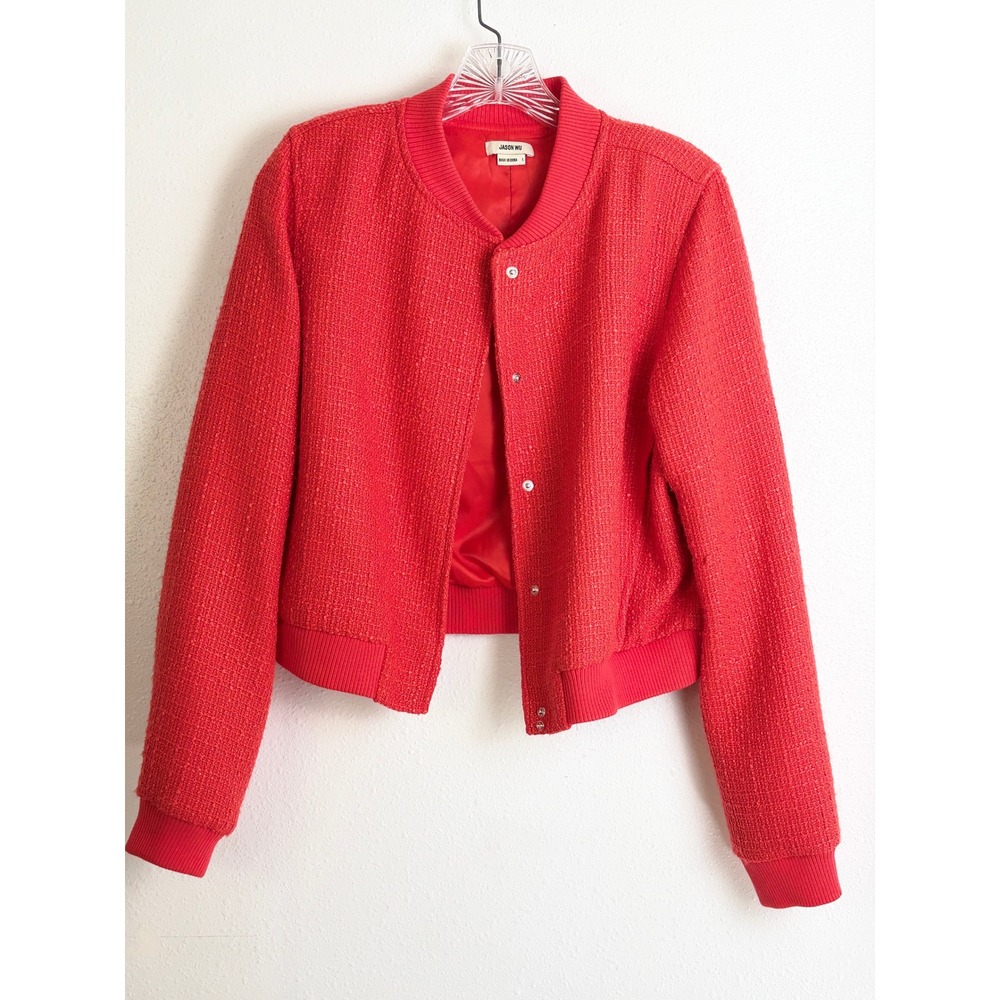 Jason Wu Red Boucle Bomber Jacket Snap Front Ribbed Trim Womens Size L